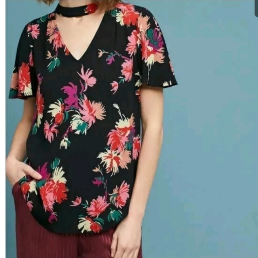 ANTHROPOLOGIE Maeve Black Bella Floral Choker Top Size L